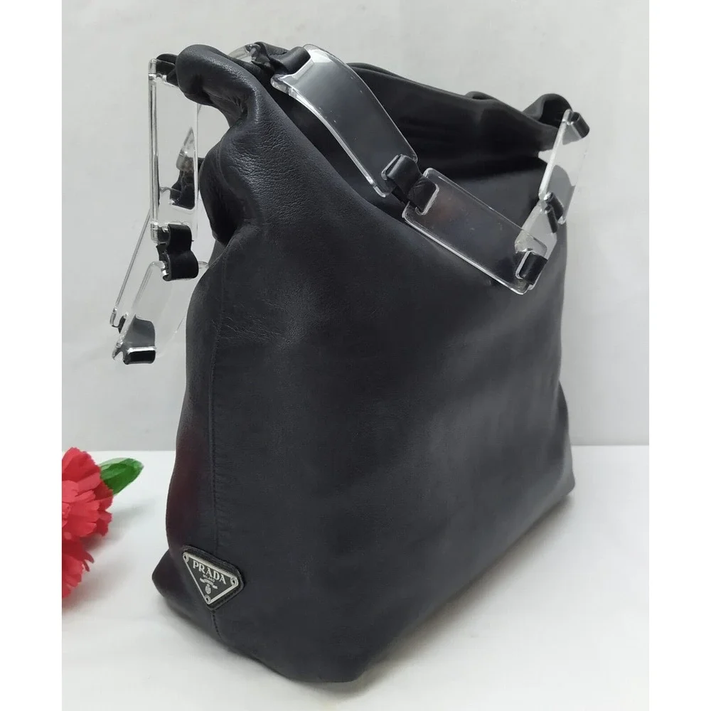 PRADA Black Leather Lucite Plastic Chain Strap Hobo Shoulder Bag